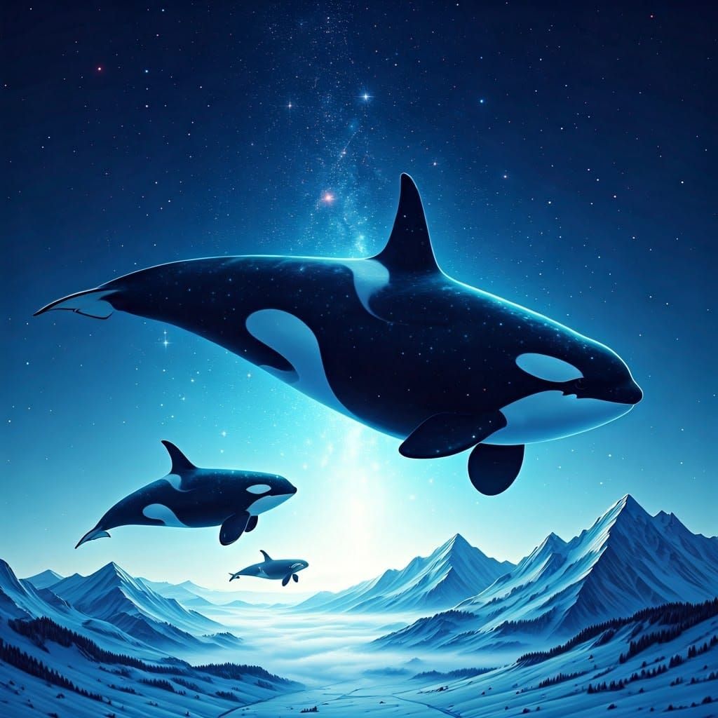 Whales Swim Through Celestial Ocean in Dreamlike Landscape