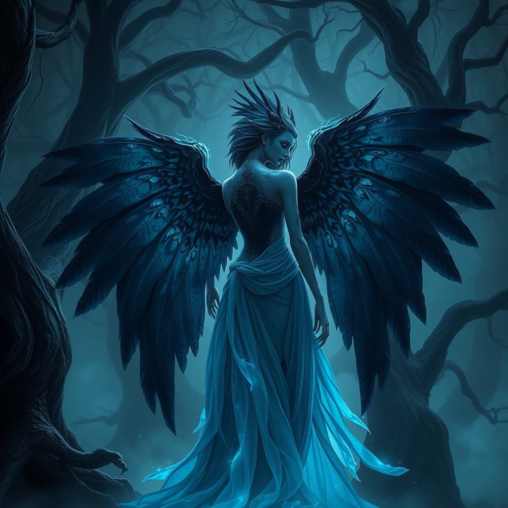 Ethereal Raven Woman Conjured from Mystical Shadows