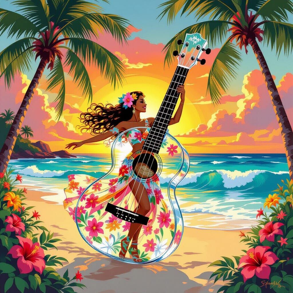 Glass Ukulele with Hula Dancer in Art Nouveau Style