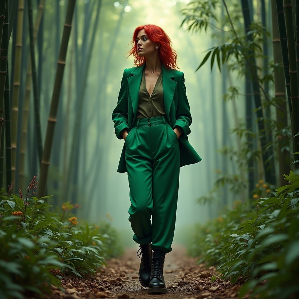 Woman in Green Suit Striding Through Bamboo Forest