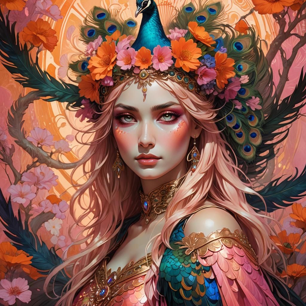 Fantasy Woman with Peacock Feathers, Detailed Art