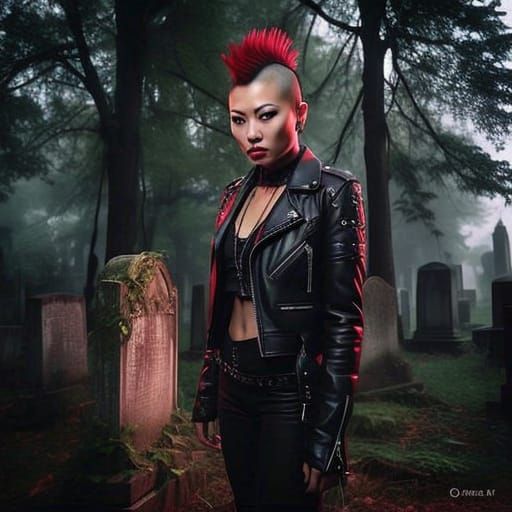 Asian Woman in Leather Mohawk Stands in Haunted Cemetery at ...