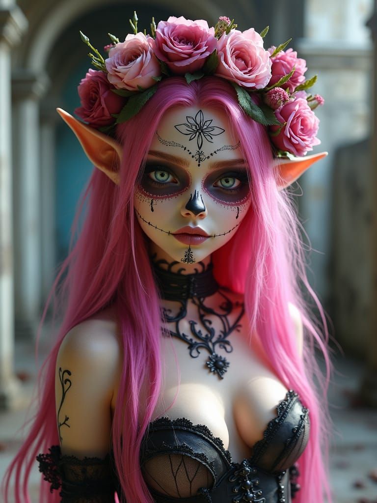 Sugar Skull Elf Maiden in Ruined Mexican Church