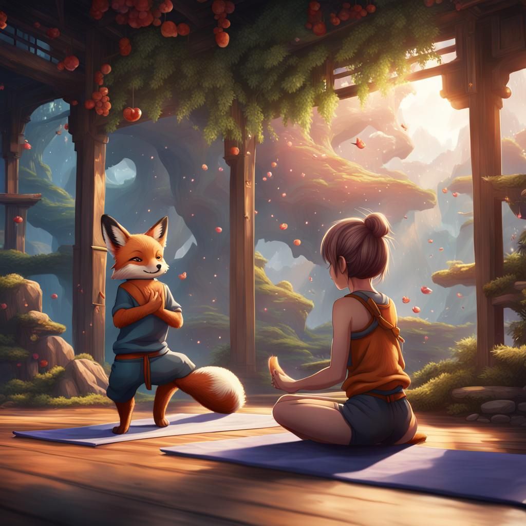 Anime Girl and Fox Doing Yoga