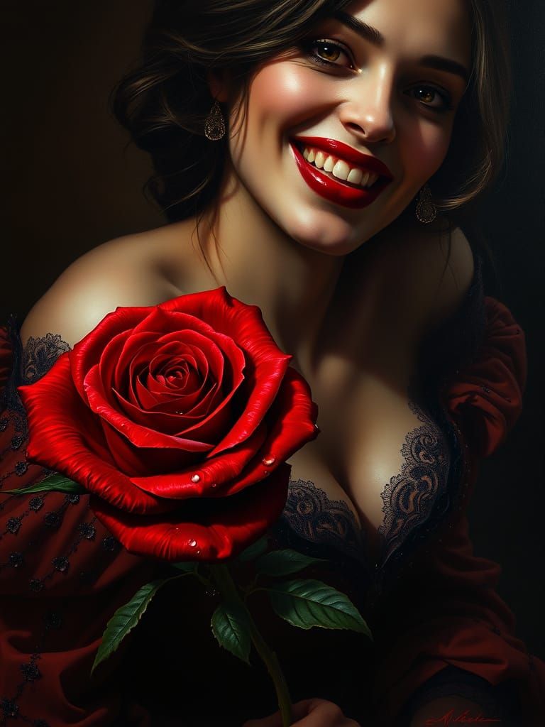 Mysterious Woman in Noir Aesthetic, Red Rose, and Dark Shado...