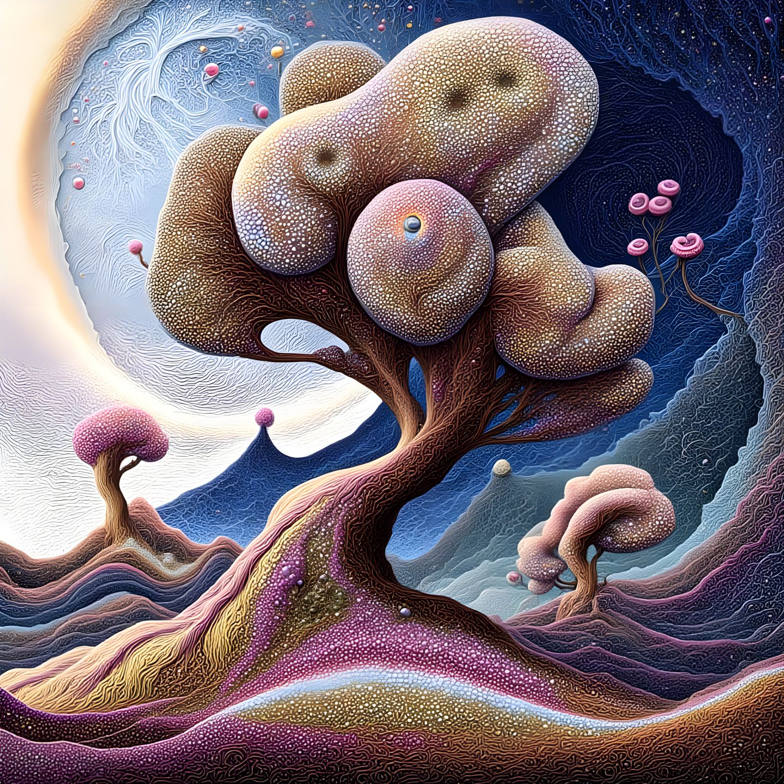 Intricate Amoeboid Tree in Dreamlike Gouache Landscape