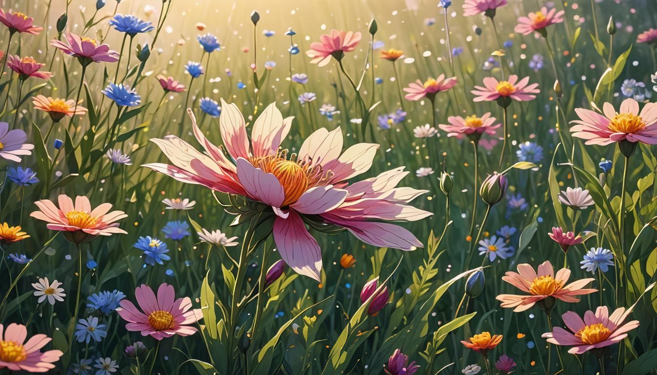 Vibrant Floral Manga Illustration in Keyframe Style