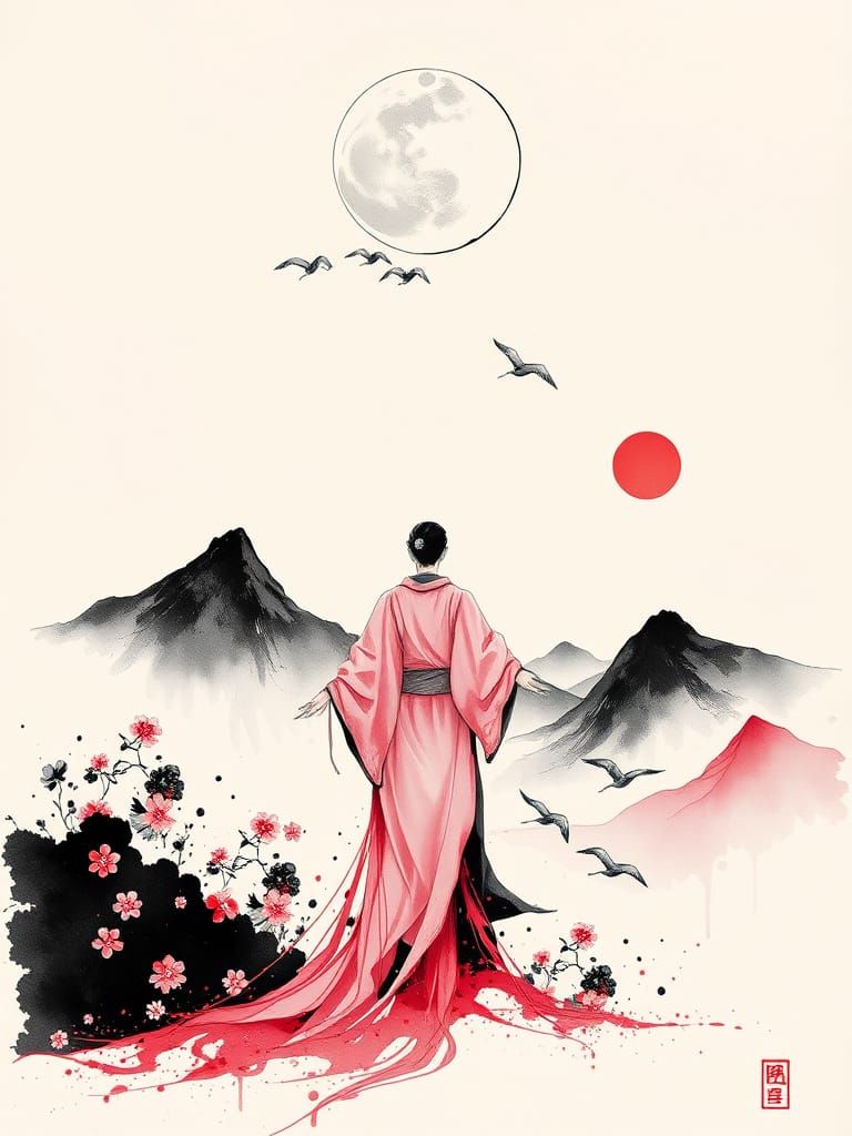 Ethereal Figure Amidst Celestial Inkscapes