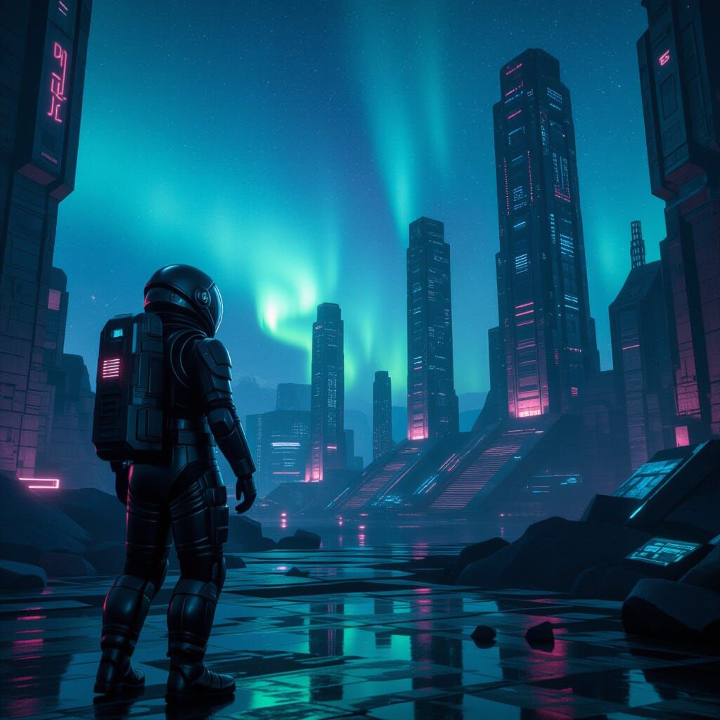 Astronaut Explores Advanced Alien Ruins Under Aurora