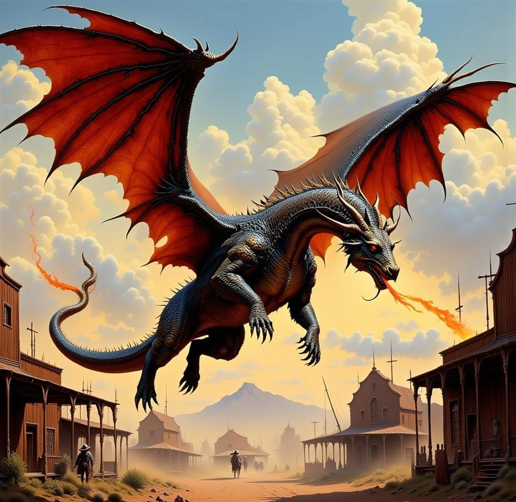 Fiery Dragon Over Old West Town in Stylized Art