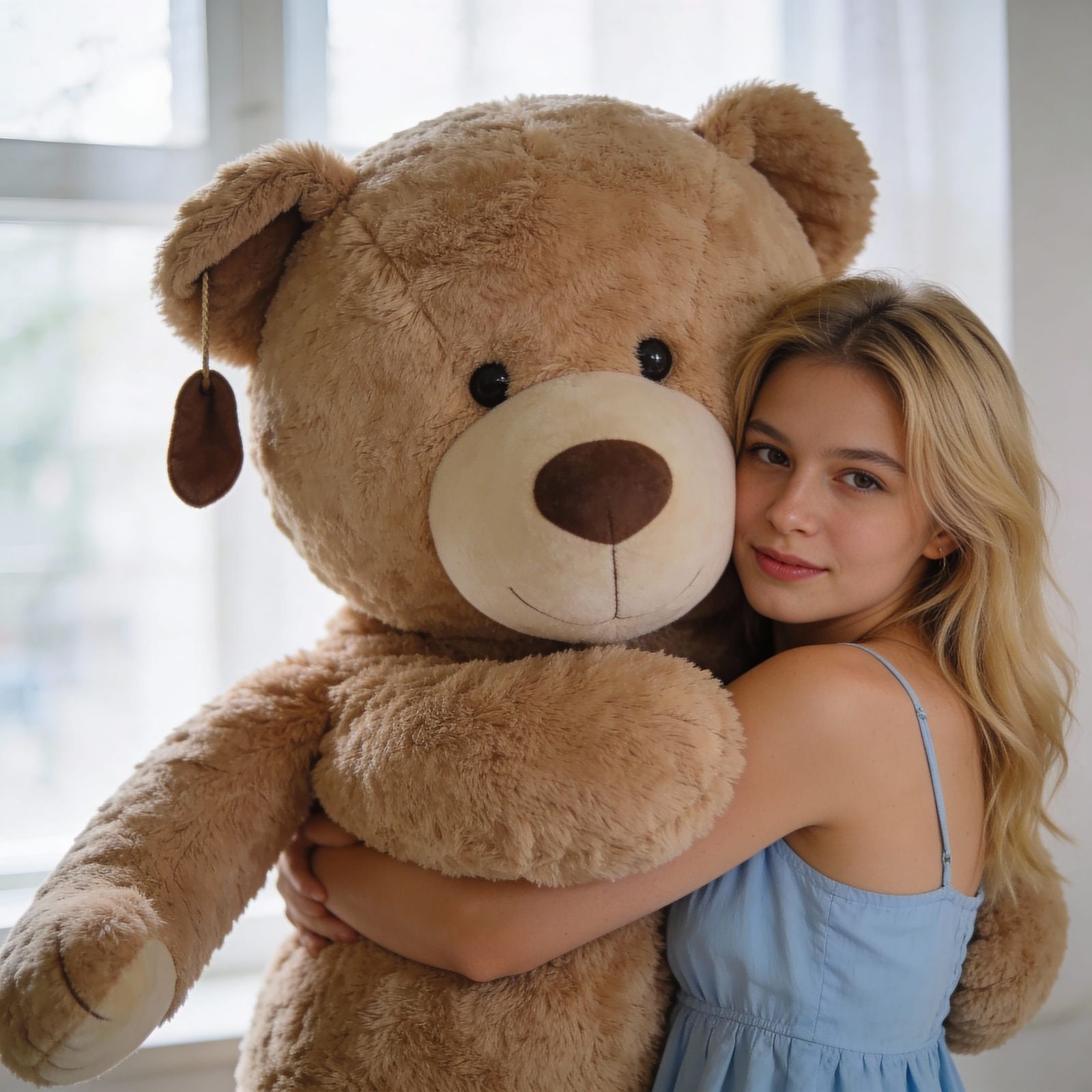 Blonde Girl Hugged by Giant Soft Teddy Bear