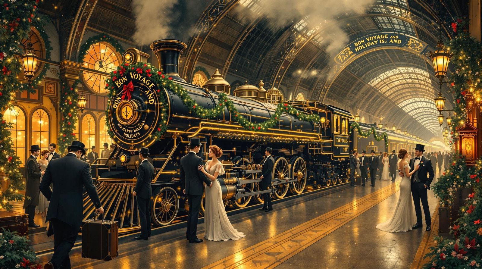 Golden-Lit Train Station in Art Nouveau Style