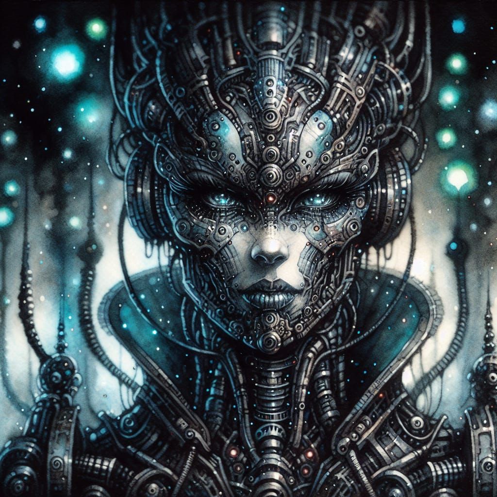 Gothic Cybernetic Queen in Brooding Watercolor