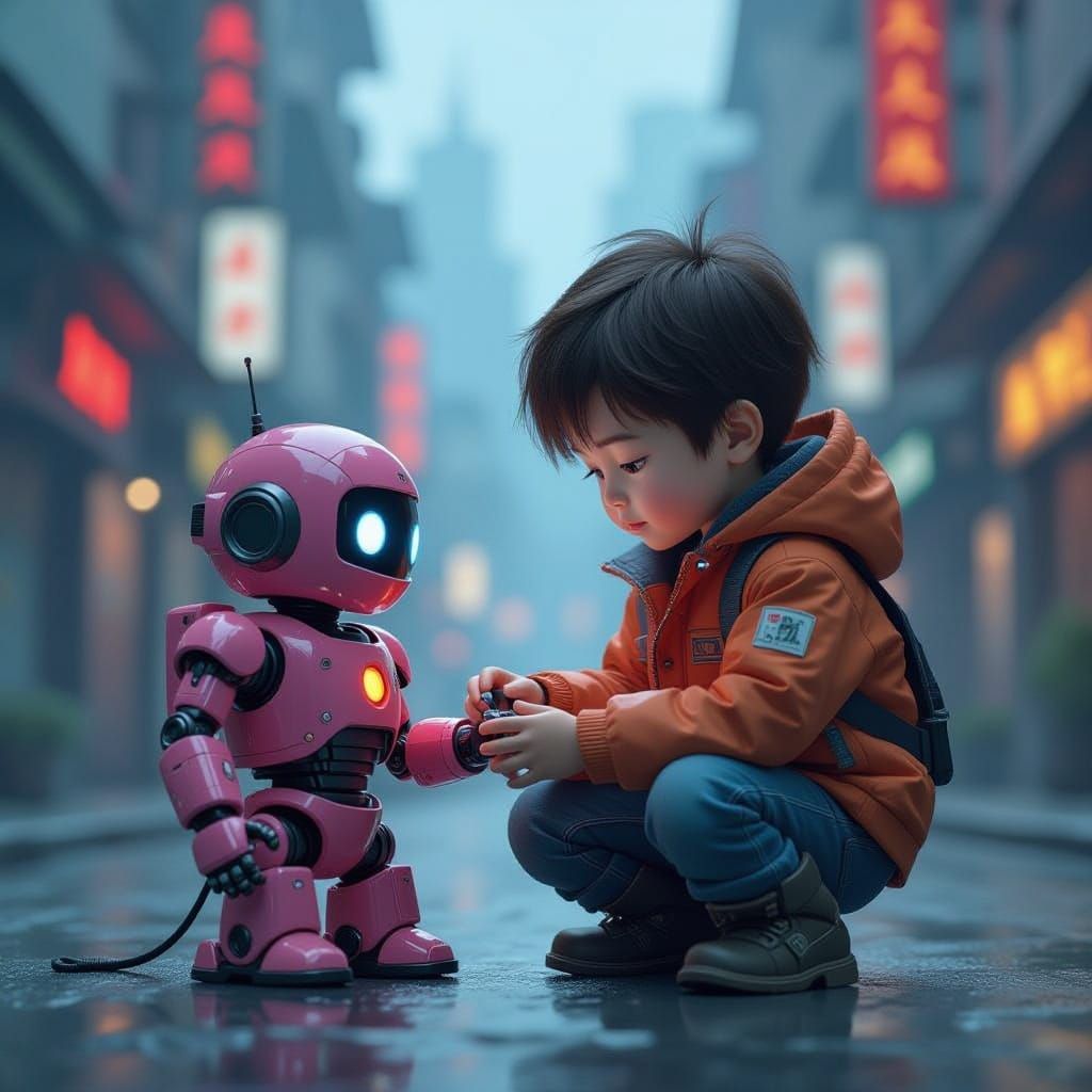 Boy Repairs Pink Robot in Sci-Fi Cityscape