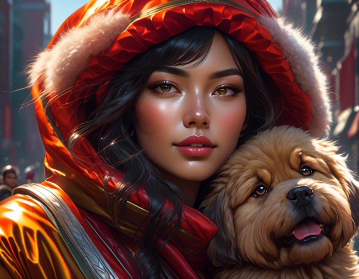 Woman and Tibetan Mastiff Portrait in Animation Style