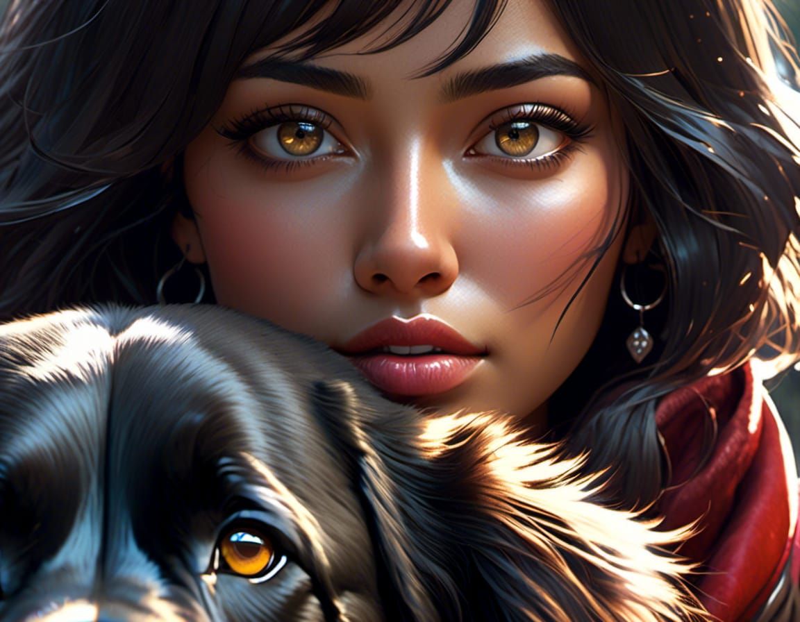 Woman and Tibetan Mastiff Portrait in Animation Style