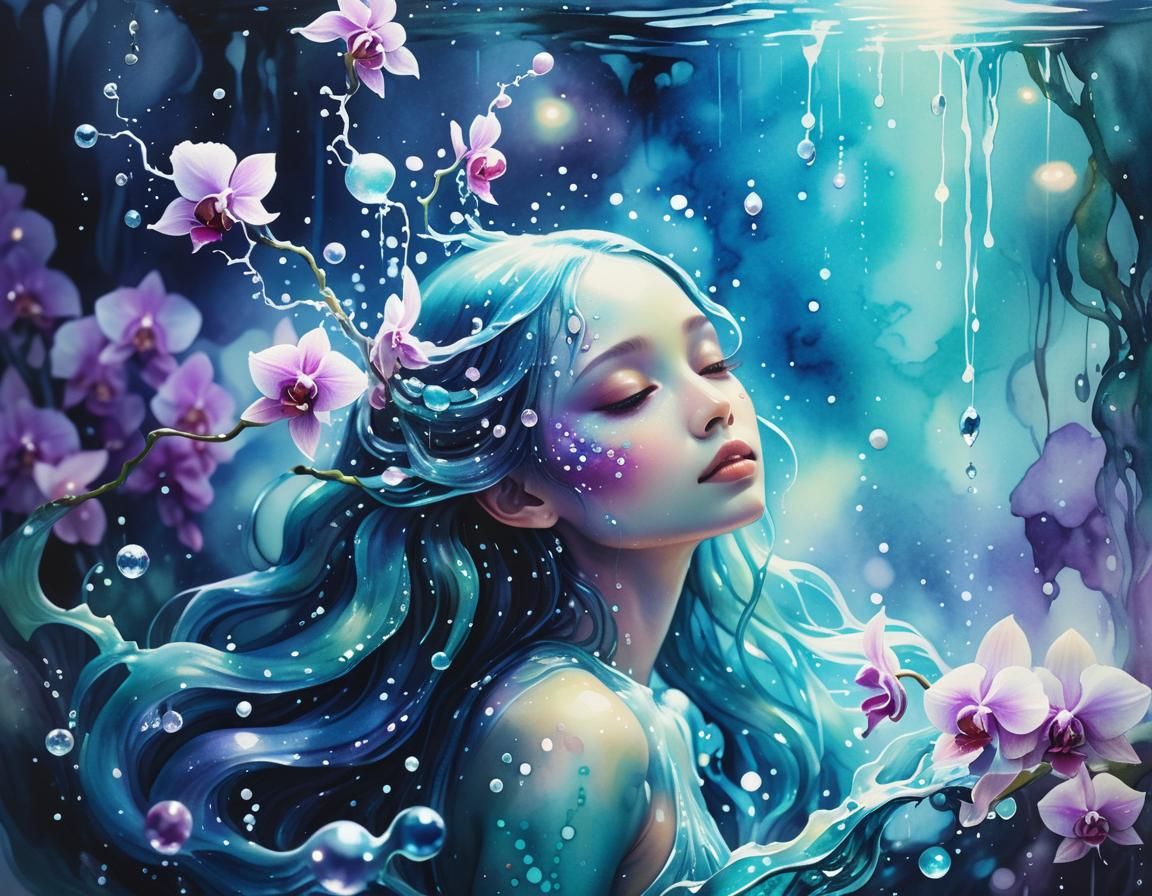 Mystical Water Elemental in Watercolor Style