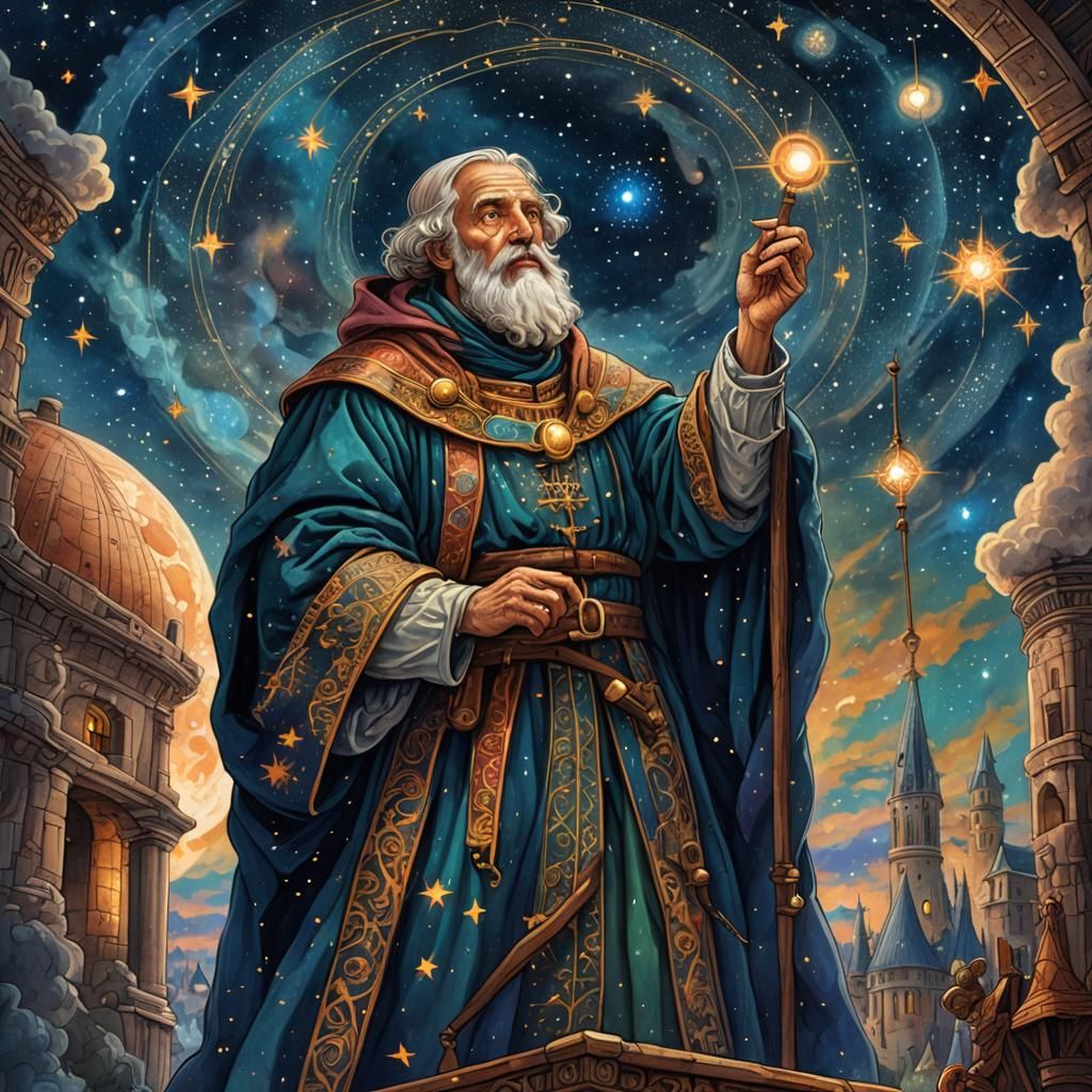 Medieval Astronomer Observes Constellations: Mixed Media Ill...