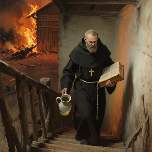 Priest Retrieving Holy Water from Fiery Barn