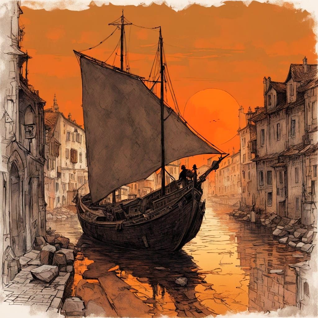 Surreal Sailboat on a Steampunk Waterway at Sunset