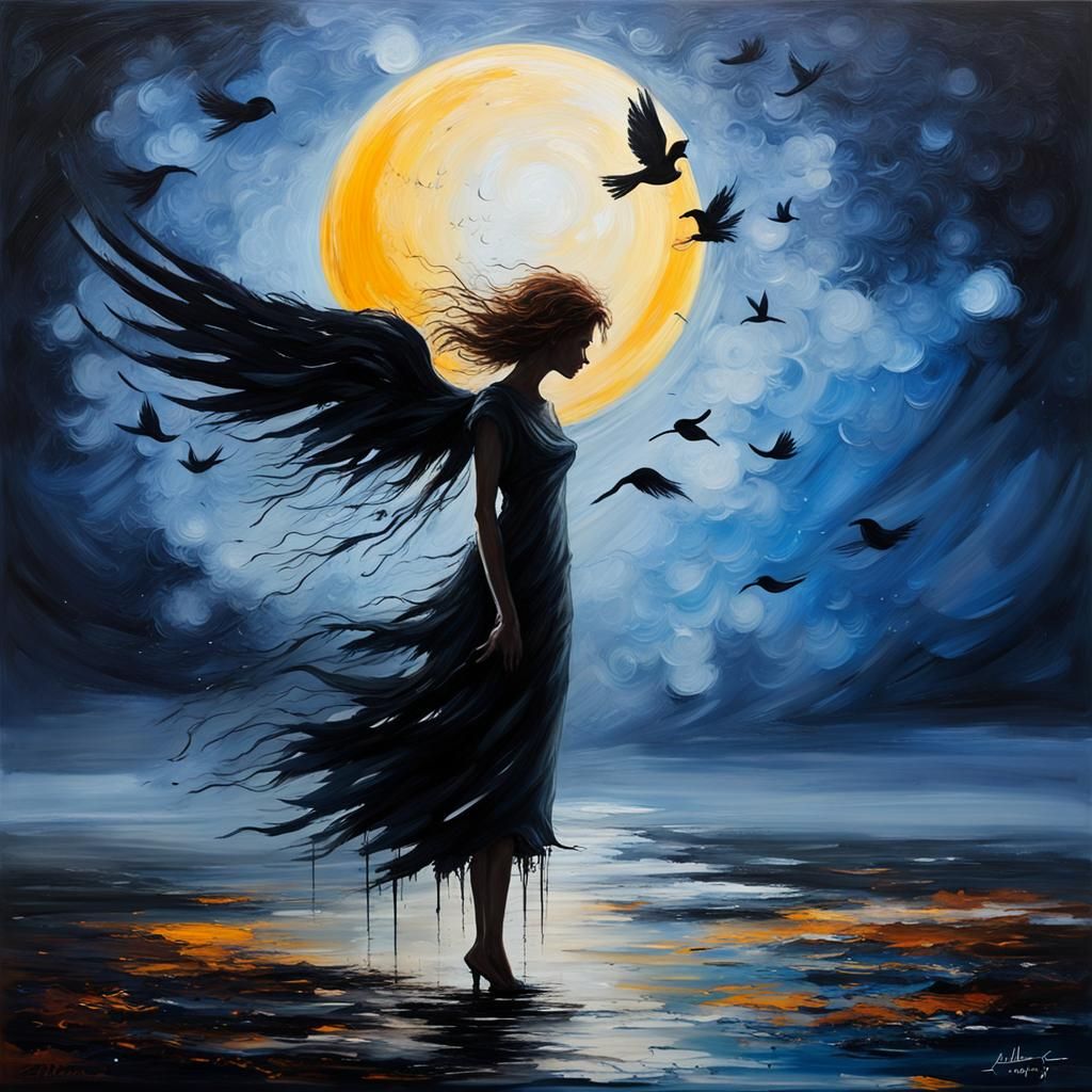 Angel Silhouette at Night in Impasto Style