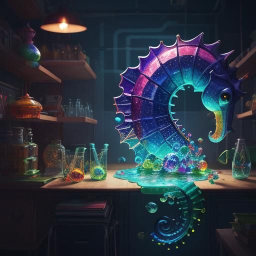 Seahorse Eats Gumdrops in Cyberpunk Science Lab