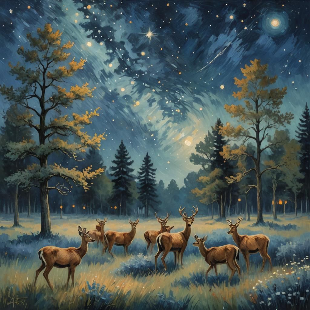 Deer Grazing Under Starry Sky as Impressionist Painting