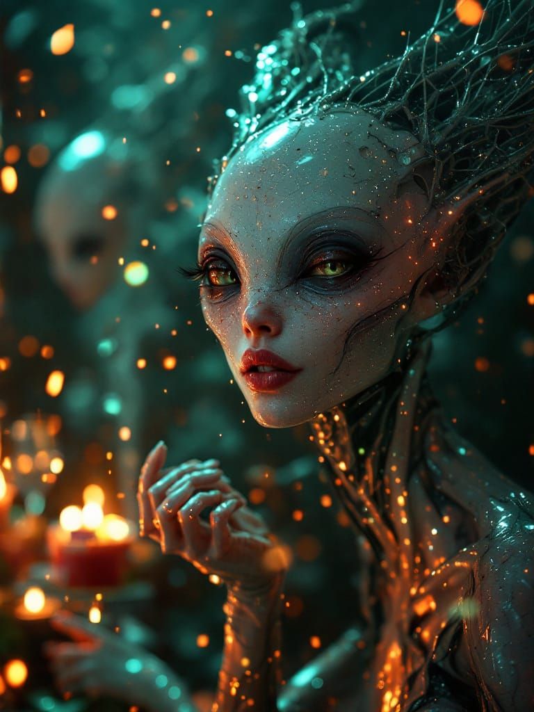 Smiling Aliens Party: Hyperrealistic Bizarre Art