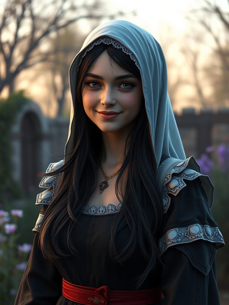 Medieval Maid's Joyful Morning in a Fantastical Garden