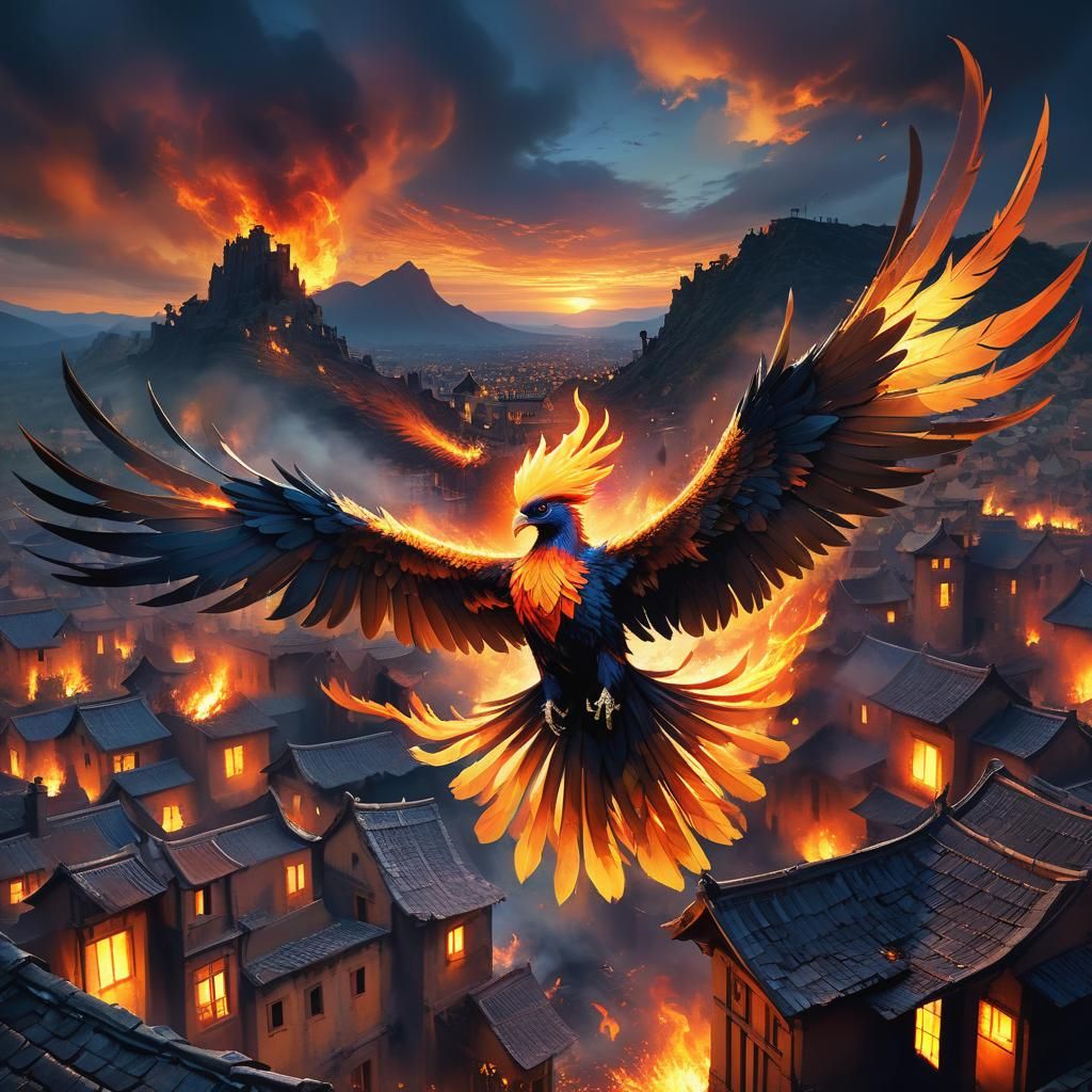 Phoenix Bird Breathes Fire in Dramatic Digital Painting