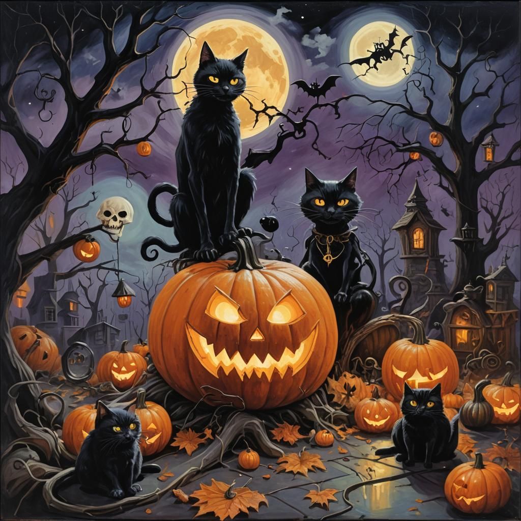 Eerie Halloween Scene with Glowing Pumpkin in Oil Painting S...