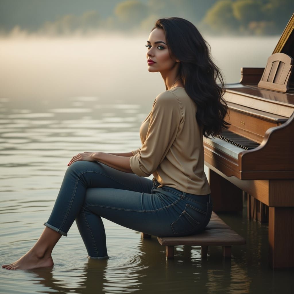 Young Woman Plays Piano in Shallow Water