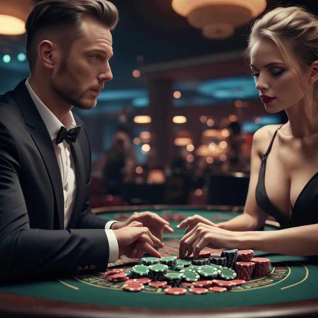 A man and woman counting casino chips after a big win on the...