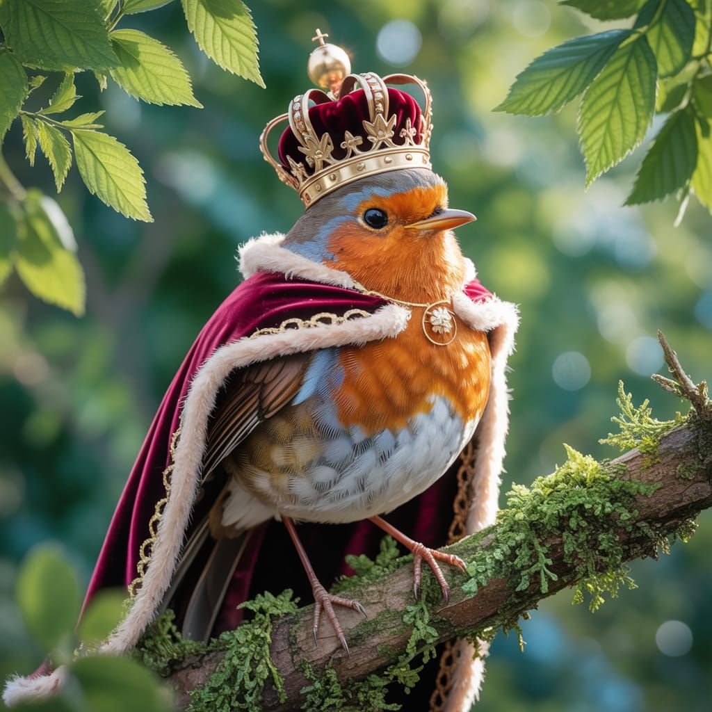 Robin Dressed as King on Mossy Branch