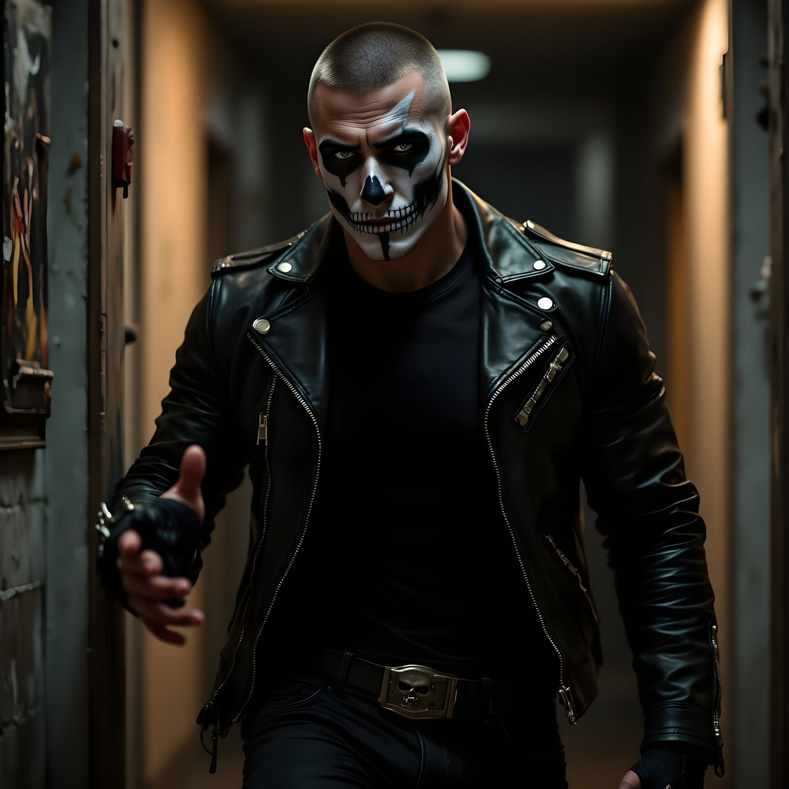 Muscular Man with Skull Face Beckons from Doorway