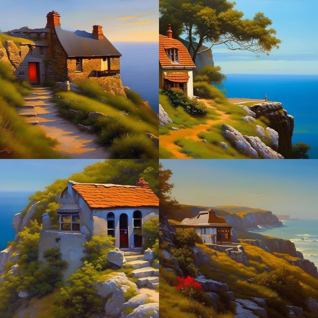 Cottage on Cliffside in Oil Painting Style
