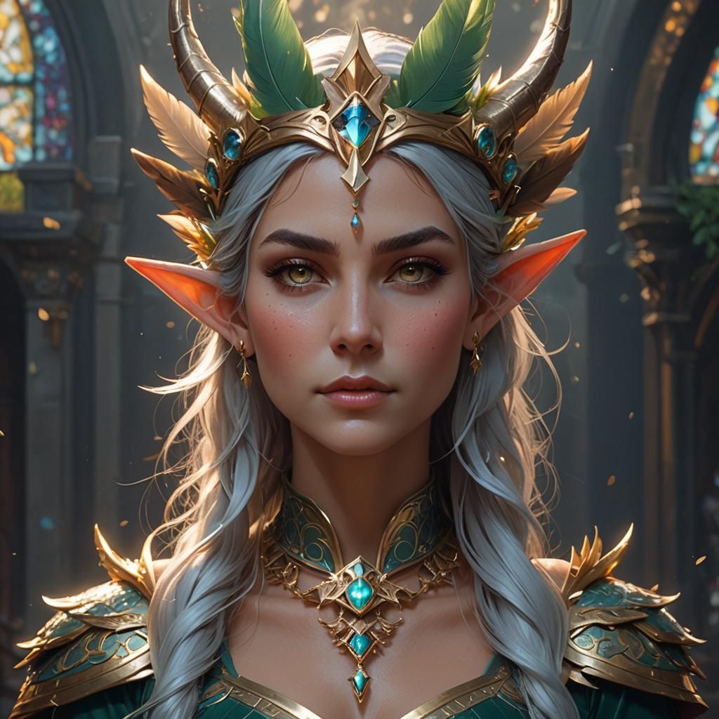 Elven Woman Portrait with Horns and Feathers