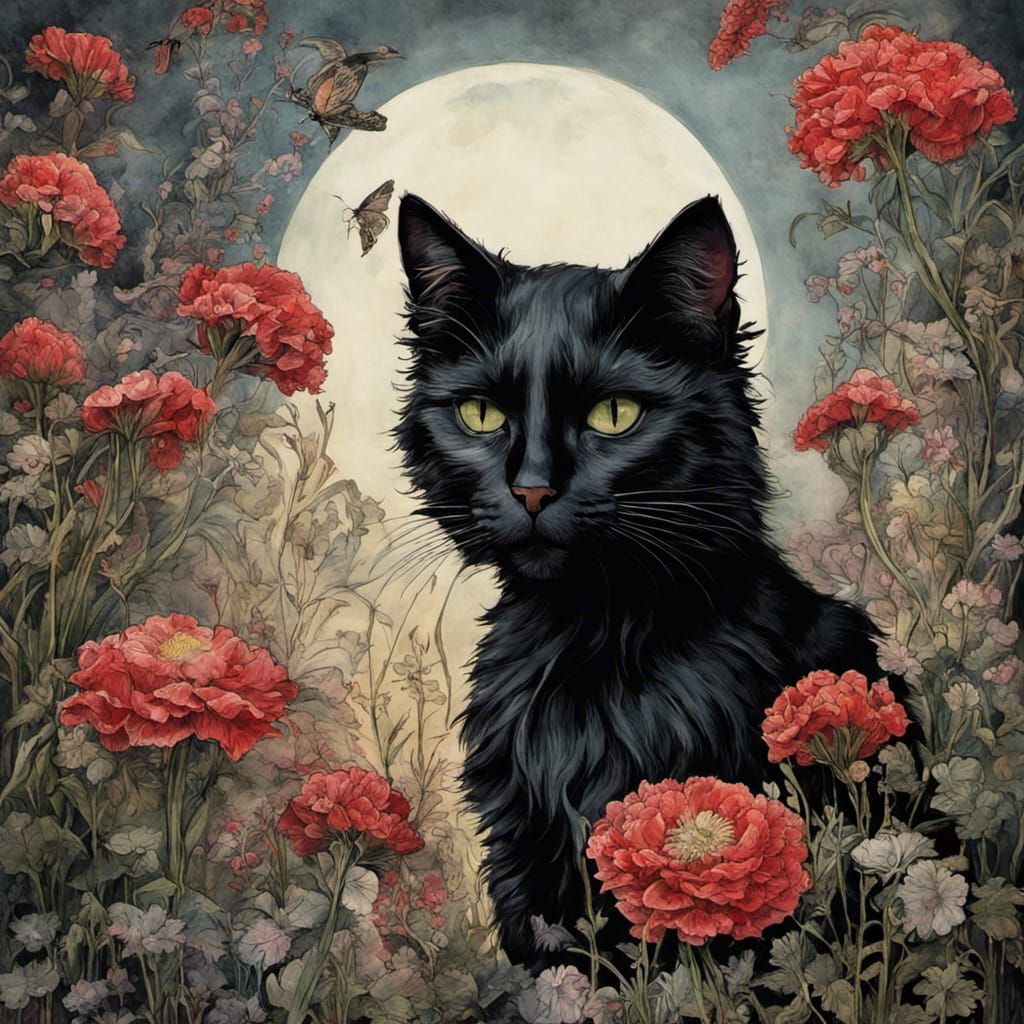 Black Cat Surrounded by Flowers in Hyperrealistic Style