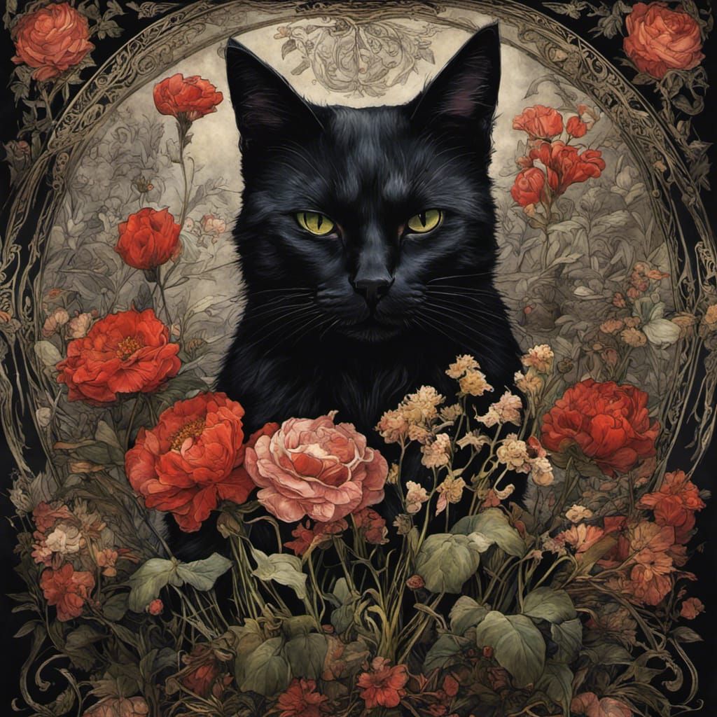 Black Cat in Floral Illustration Style