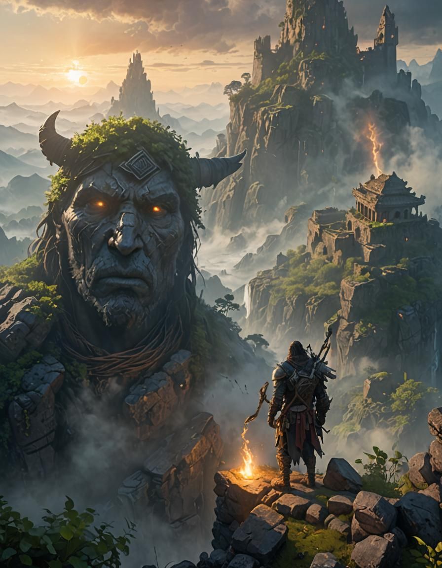 Warrior on Misty Mountain Ruins: Fantasy Concept Art