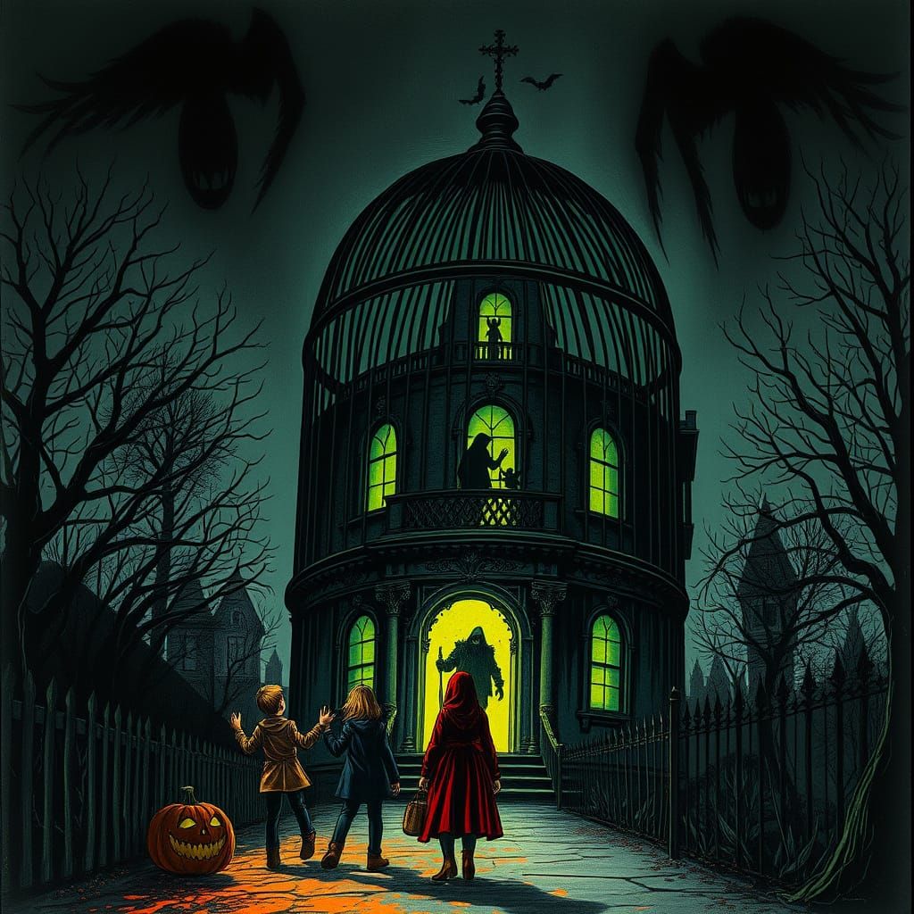 Gigantic Birdcage House Haunts Dark Halloween Night