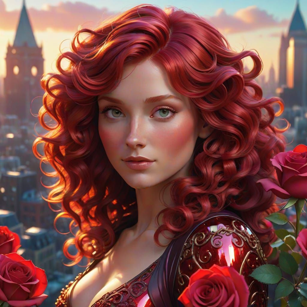 Whimsical Red-Haired Goddess Amidst Vibrant Dreamlike Settin...