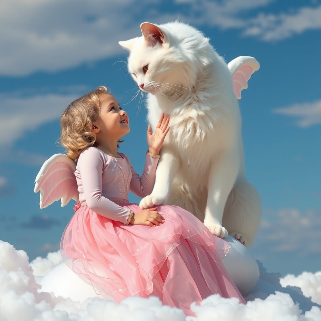 Girl in Pink Crystal Dress with Majestic White Cat on Cloudy...