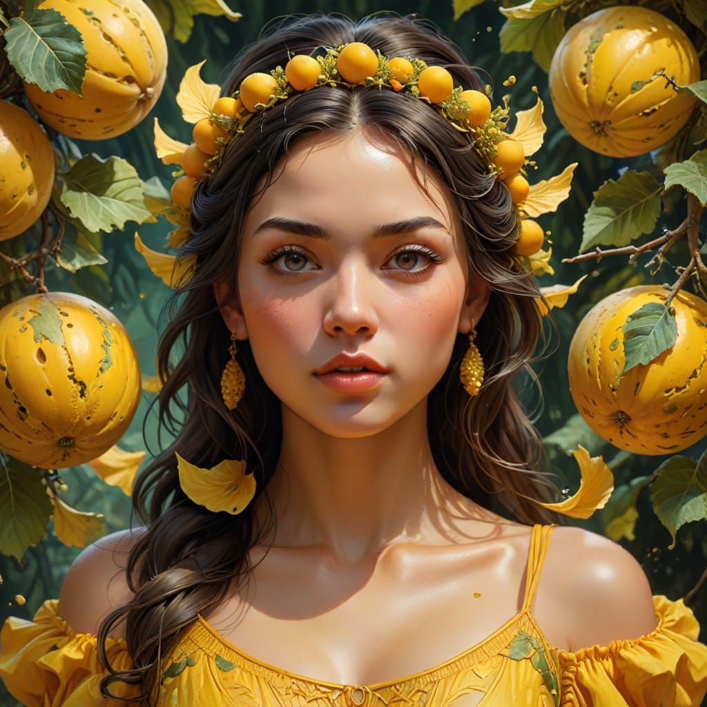 Vibrant Girl in Melon Fruit Attire, Melons Shattered Around ...