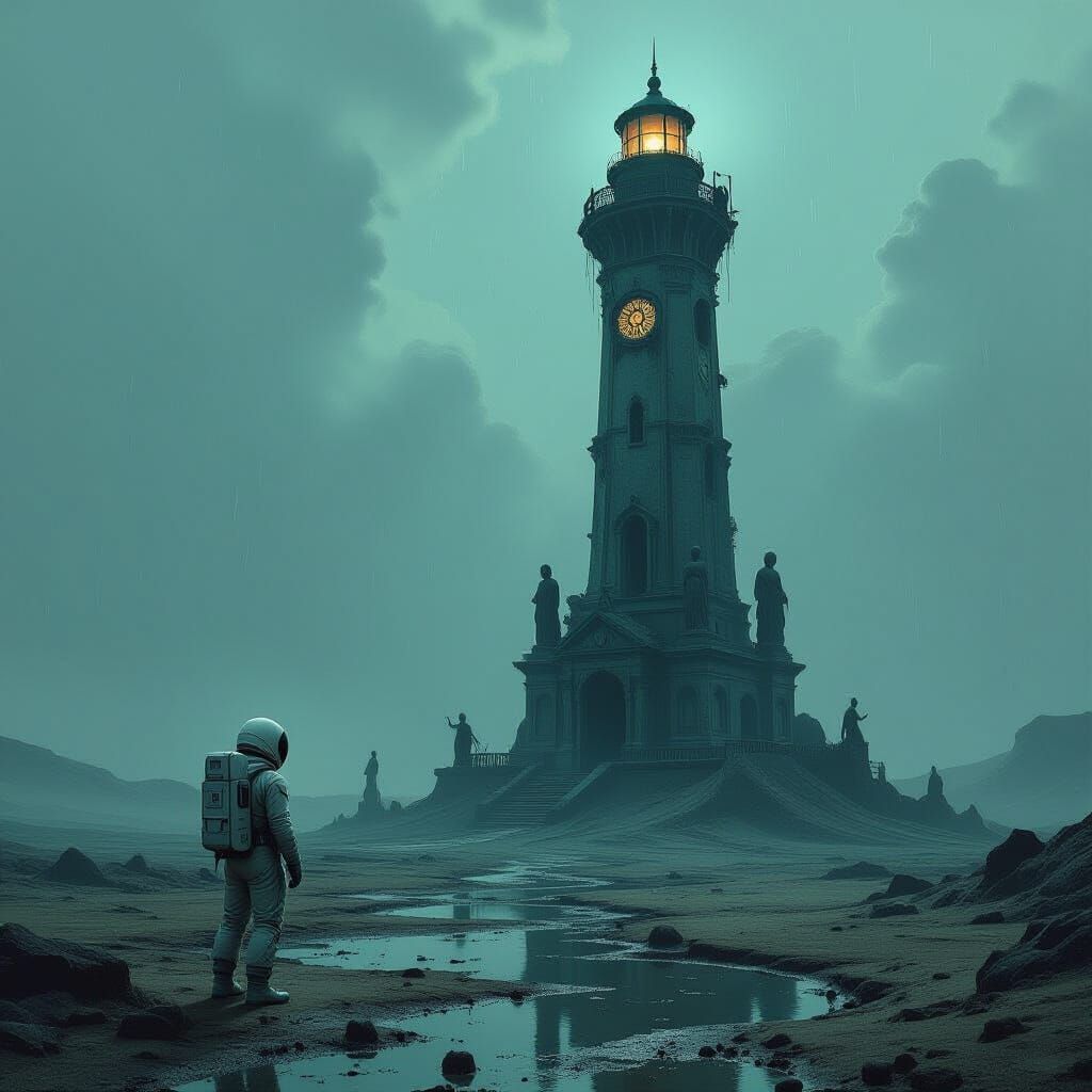 Astronaut and Decaying Lighthouse on Alien Planet