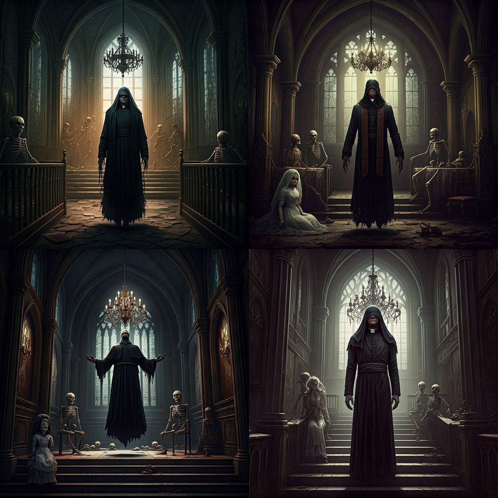 Sinister Doll Bride and Skeletons: A Dark Fantasy Scene