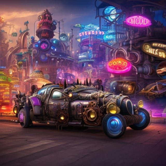 Wacky Races in Steampunk Neon Las Vegas