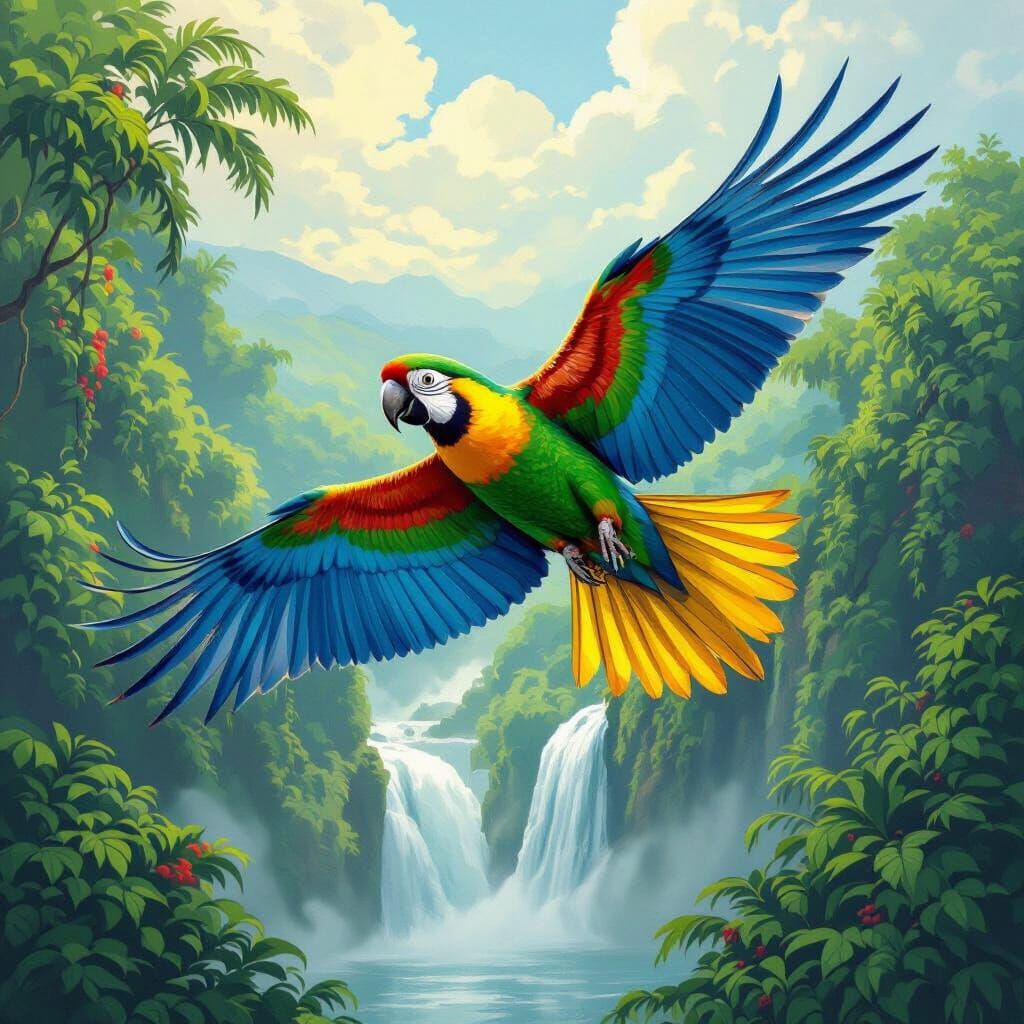 Macaw Flight Over Verdant Waterfalls in Painterly Style