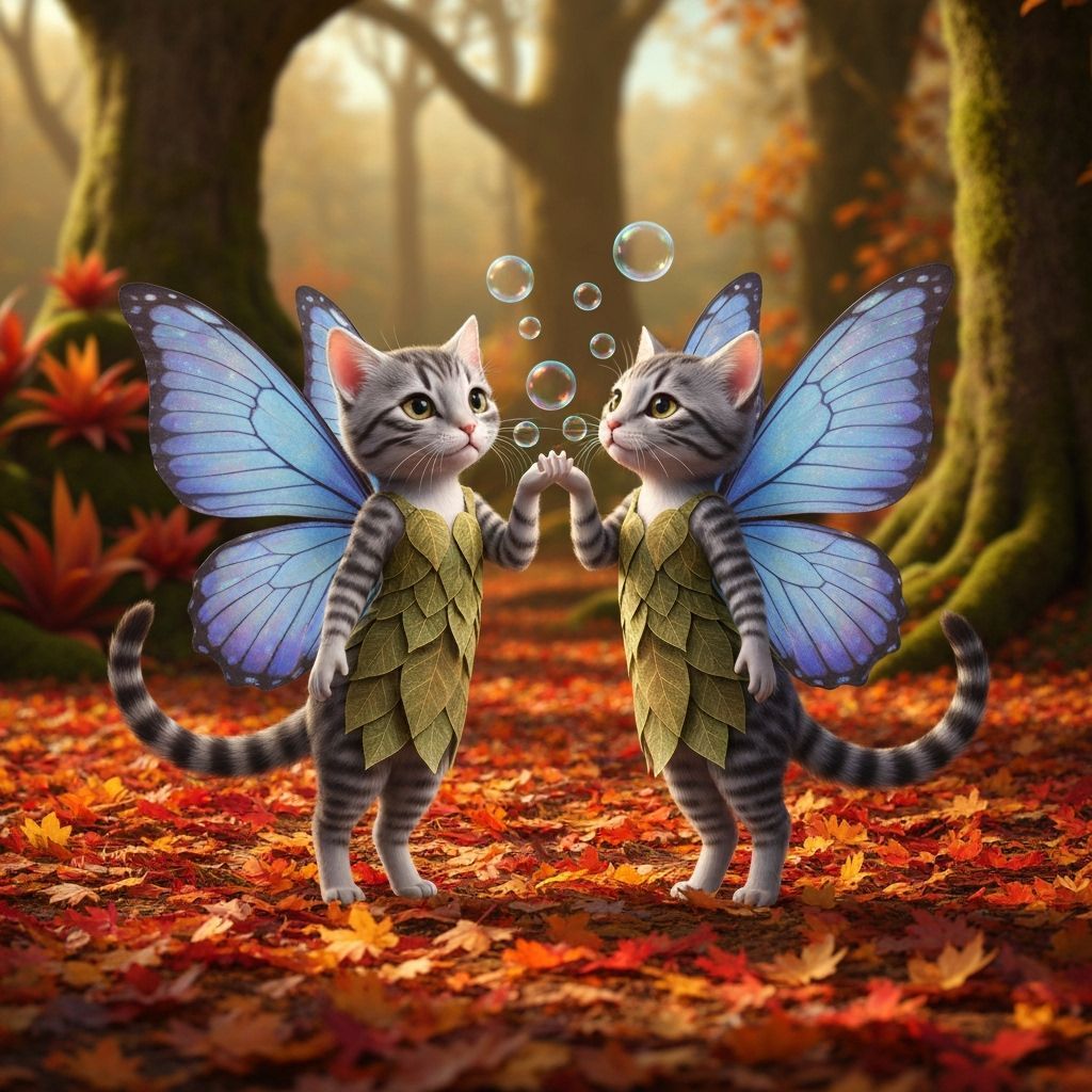 Cat Fairies With Translucent Wings Amidst Autumn Leaves