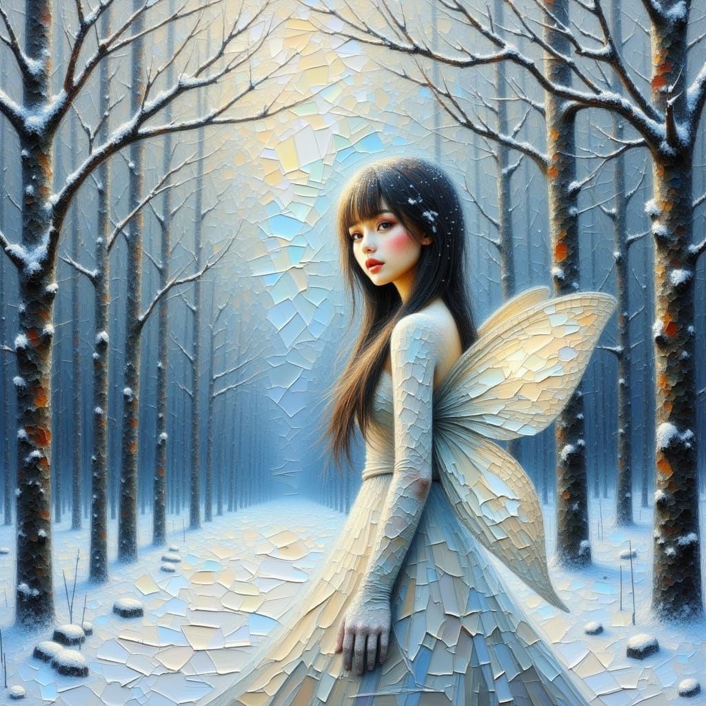 Winter Fairy in Snowy Forest: Expressionist Impasto Oil Pain...